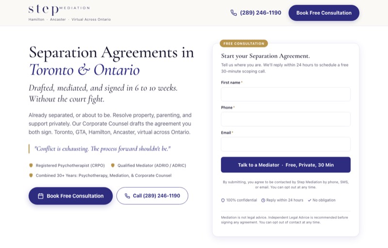 Separation Agreements landing page preview